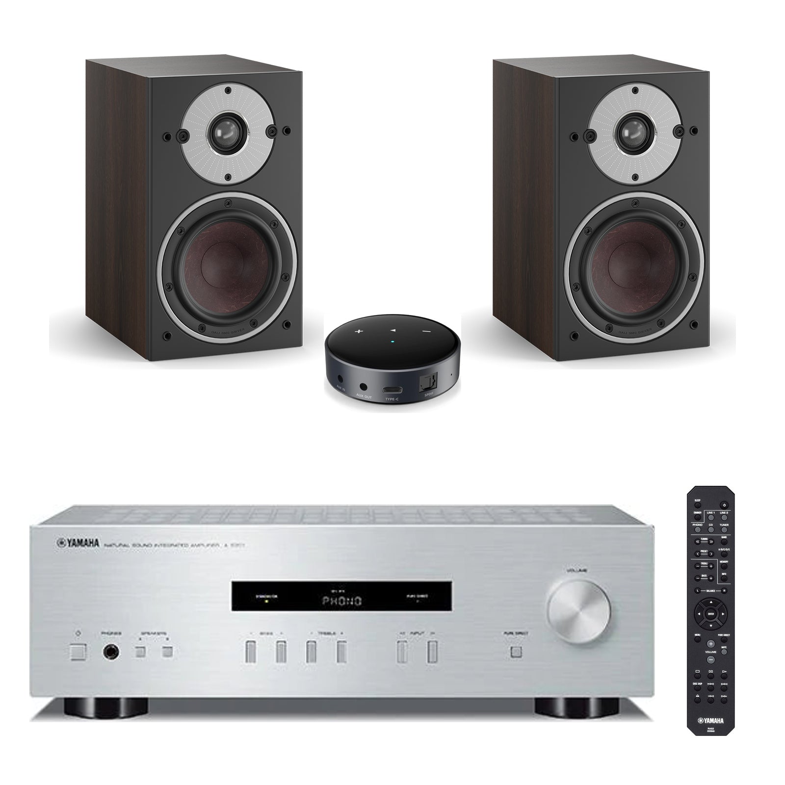 Yamaha A-S201 Srebrna + par DALI OBERON 1 Dark Walnut + WiiM Mini